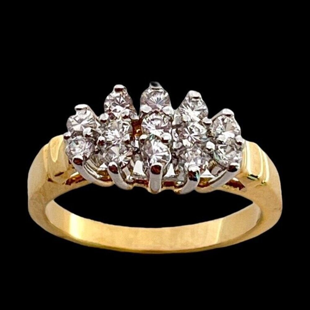 Vintage 1970s Ring Size 8 CZ Cluster Prong Set Cocktail Gold Plated - 14H